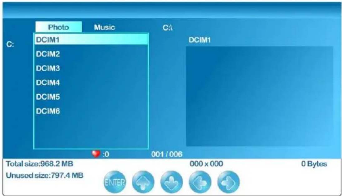 Photo Music C: DCIM1 DCIM2 DCIM3 DCIM4 DCIM5 DCIM6 C:\ DCIM1 001 / 006 Total size:968.2 MB Unused size:797.4 MB 000 x 000 0 Bytes ENTER