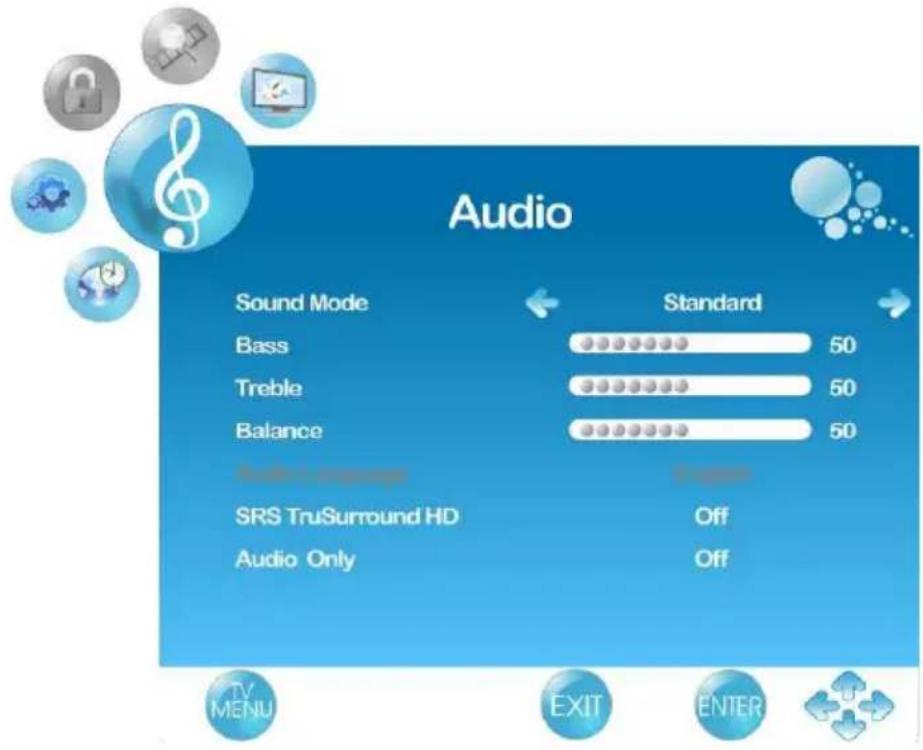 Audio Sound Mode Standard Bass 50 Treble 50 Balance 50 Audio Only SRS TruSurround HD Off Audio Only Off TV MENU EXIT ENTER