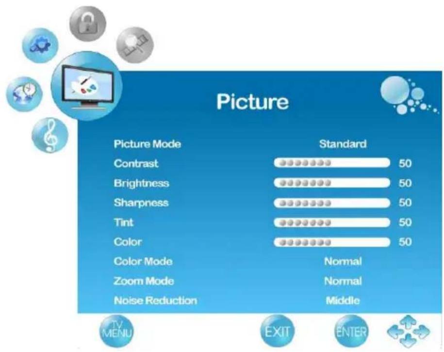 Picture Picture Mode Standard Contrast 50 Brightness 50 Sharpness 50 Tint 50 Color 50 Color Mode Normal Zoom Mode Normal Noise Reduction Middle TV MENU EXIT ENTER