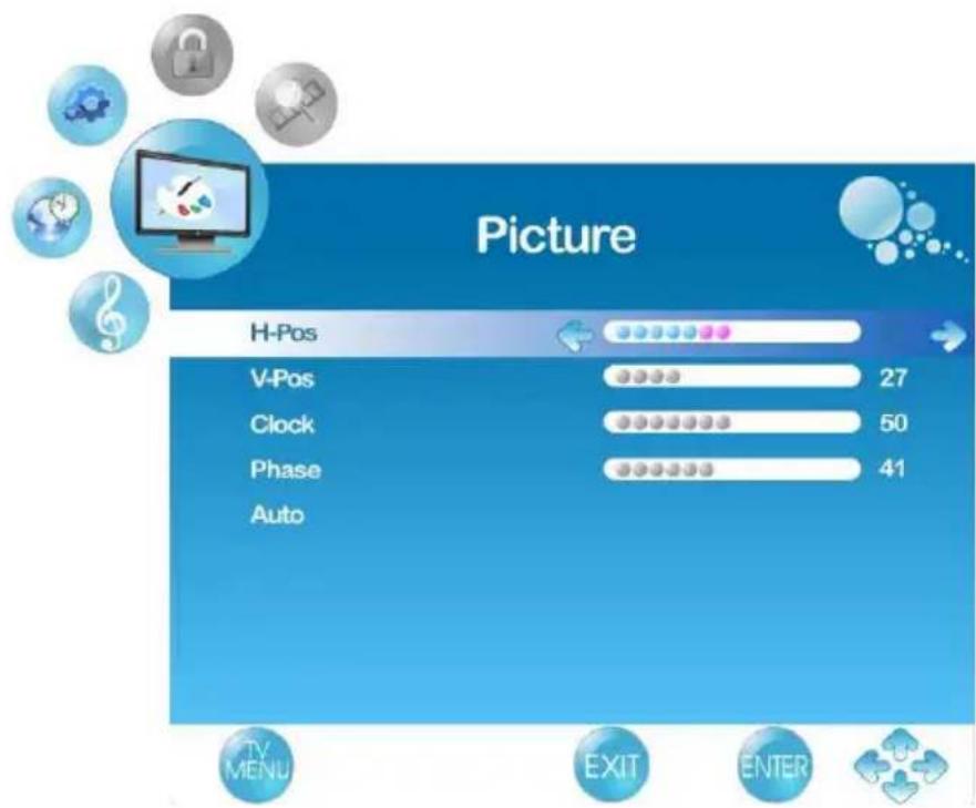 Picture H-Pos V-Pos 27 Clock 50 Phase 41 Auto TV MENU EXIT ENTER