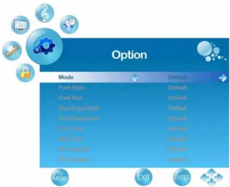 Option Mode Default Font Style Default Font Size Default Font Edge Style Default Font Poly Color Default Font Color Default Font Color Default Font Records Default Font History Default TV MENU EXIT ENTER