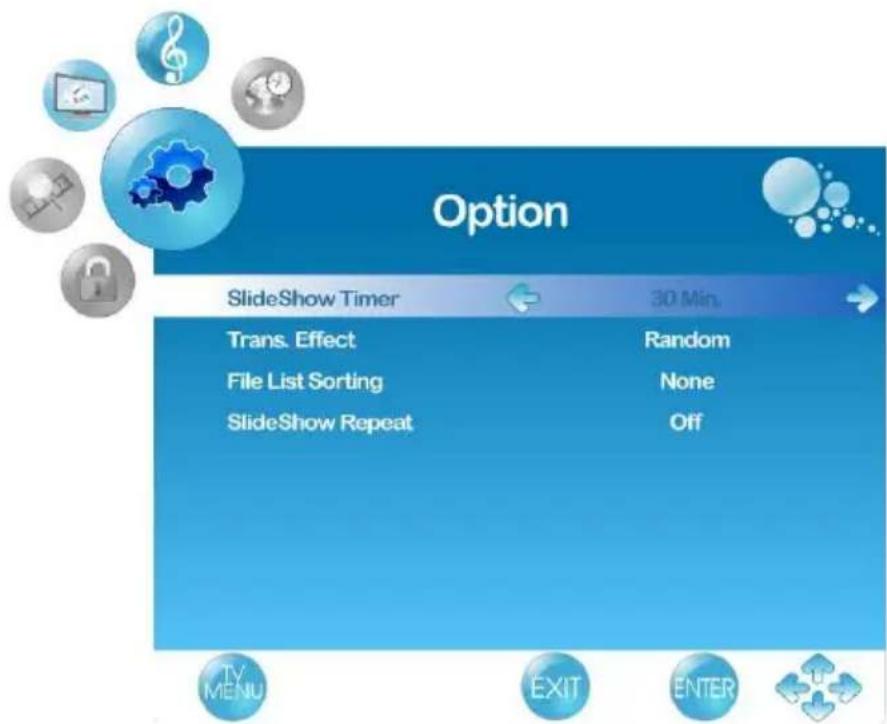 Option SlideShow Timer 30 Min. Trans. Effect Random File List Sorting None SlideShow Repeat Off TV MENU EXIT ENTER