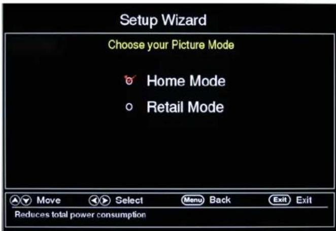 Setup Wizard Choose your Picture Mode Home Mode Retail Mode Move Select Menu Back Exit Exit Reduces total power consumption
