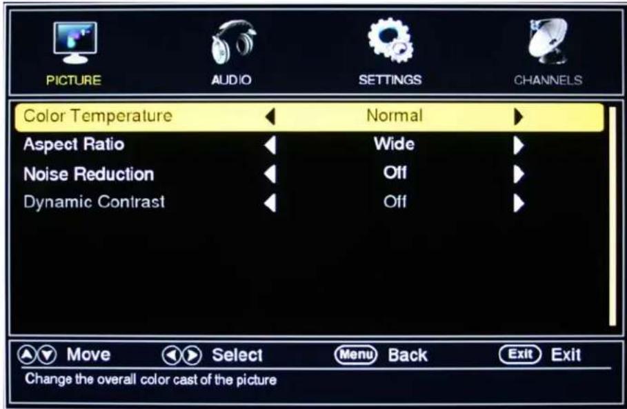 PICTURE AUDIO SETTINGS CHANNELS Color Temperature ▼ Normal ▶ Aspect Ratio ▼ Wide ▶ Noise Reduction ▼ Off ▶ Dynamic Contrast ▼ Off ▶ Move Select Menu Back Exit Exit Change the overall color cast of the picture