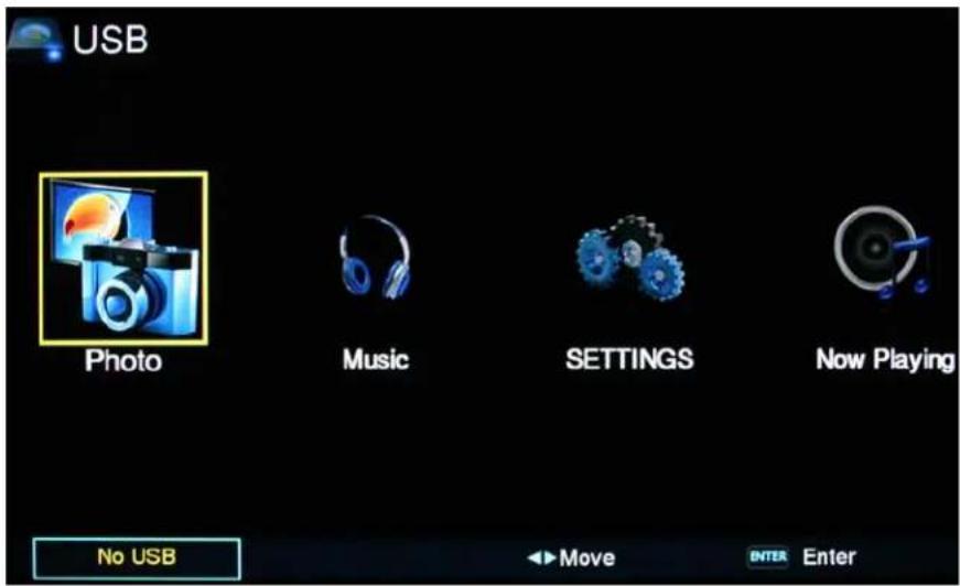 USB Photo Music SETTINGS Now Playing No USB Move ENTER Enter