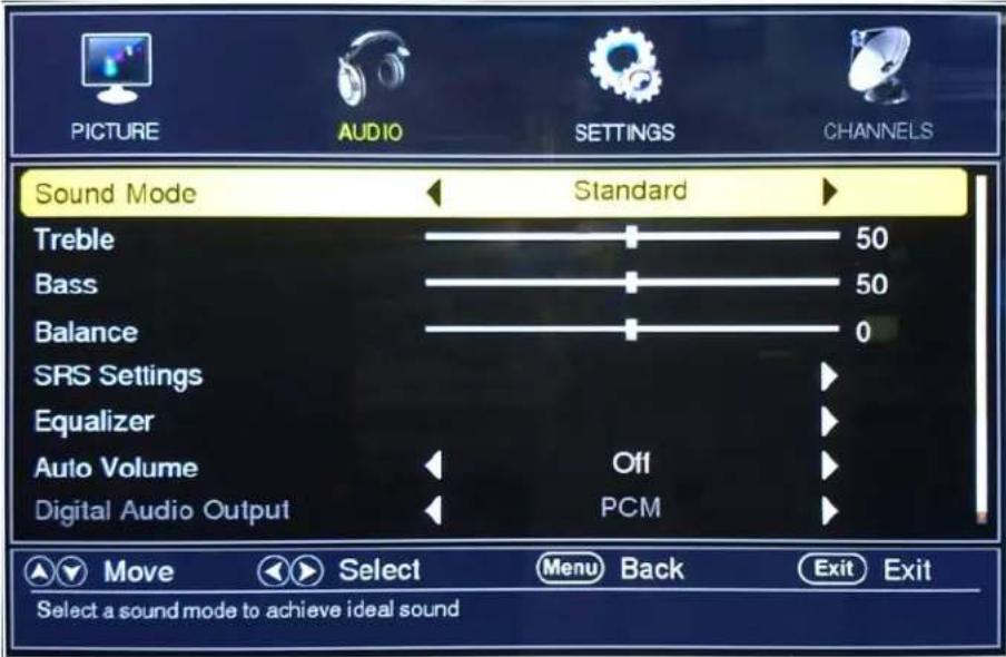 PICTURE AUDIO SETTINGS CHANNELS Sound Mode Standard Treble 50 Bass 50 Balance 0 SRS Settings Equalizer Auto Volume Off Digital Audio Output PCM Move Select Menu Back Exit Exit Select a sound mode to achieve ideal sound