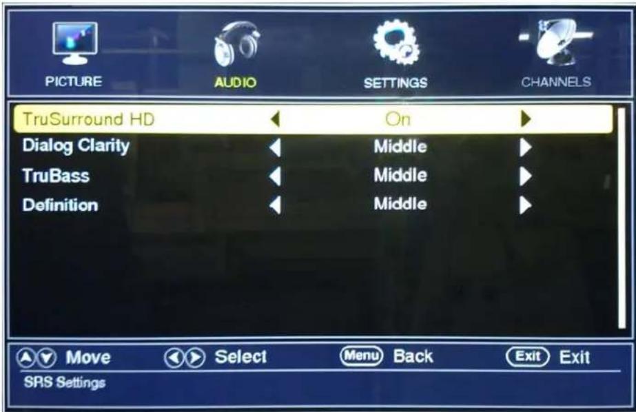 PICTURE AUDIO SETTINGS CHANNELS TruSurround HD On Dialog Clarity Middle TruBass Middle Definition Middle Move Select Menu Back Exit Exit SPS Settings