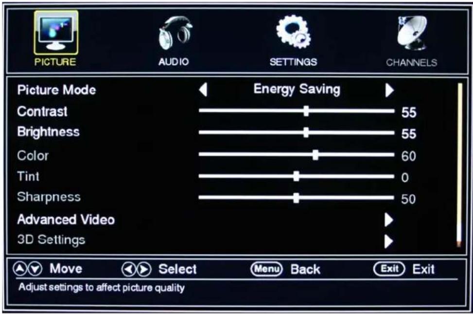 PICTURE AUDIO SETTINGS CHANNELS Picture Mode Energy Saving Contrast 55 Brightness 55 Color 60 Tint 0 Sharpness 50 Advanced Video 3D Settings Move Select Menu Back Exit Exit Adjust settings to affect picture quality