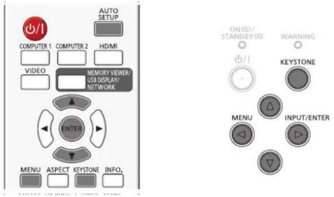AUTO SETUP COMPUTER 1 COMPUTER 2 HDMI VIDEO MEMORY VIEWER/ USB DISPLAY/ NETWORK ENTER MENU ASPECT KEYSTONE INFO. ON (O) STANDBY (R) WARNING OK / I KEystone MENU INPUT/ENTER