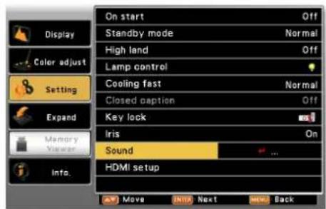 On start Standby mode Normal High land Off Lamp control Cooling fast Normal Closed caption Off Key lock Iris On Sound HDMI setup Move Next Back