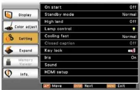 On start Off Standby mode Normal High land Off Lamp control Cooling fast Normal Closed caption Off Key lock Iris On Sound HDMI setup Move Next Exit
