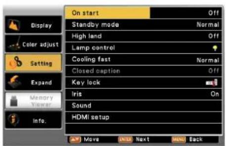 On start Standby mode Normal High land Off Lamp control Cooling fast Normal Closed caption Off Key lock Iris On Sound HDMI setup Move Next Back