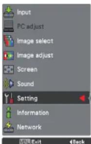 Input PC adjust Image select Image adjust Screen Sound Setting Information Network