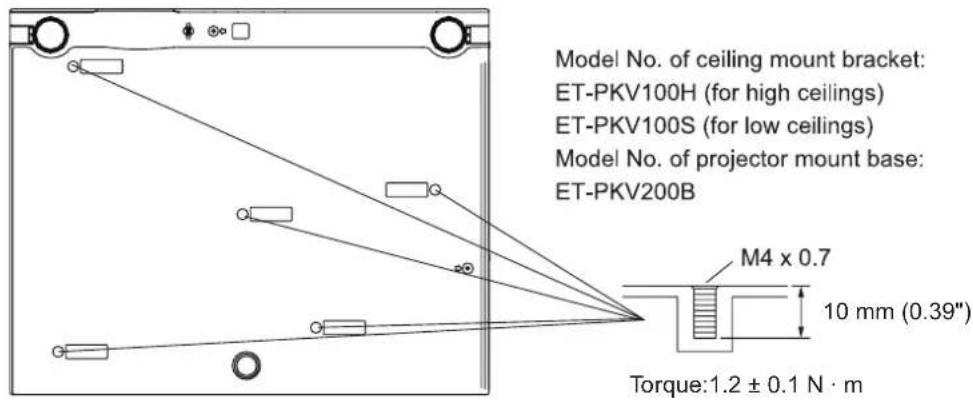 Model No. of ceiling mount bracket: ET-PKV100H (for high ceilings) ET-PKV100S (for low ceilings) Model No. of projector mount base: ET-PKV200B M4 x 0.7 10 mm (0.39") Torque:1.2 ± 0.1 N · m