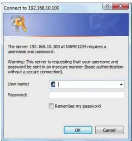 Connect to 192.168.10.100 The server 192.168.10.100 at NAME1234 requires a username and password. Warning: This server is requesting that your username and password be sent in an insecure manner (basic authentication without a secure connection). User name: Password: Remember my password OK Cancel