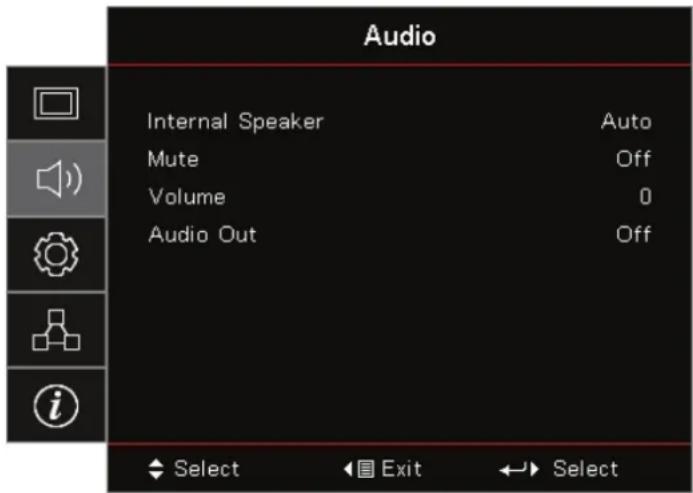 Audio Internal Speaker Auto Mute Off Volume 0 Audio Out Off i Select Exit Select