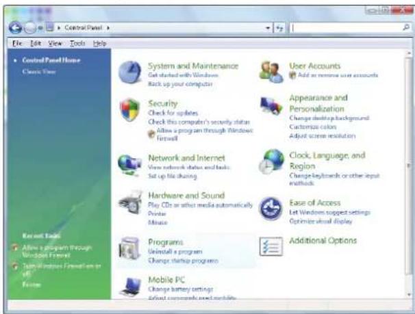 Control Panel Help File Edit View Tools Help Control Panel Home Check Time System and Maintenance Get started with Windows Back up your computer User Accounts Add to remove user accounts Security Check for updates Check this computer's security status Allow a program through Windows Forward Appearance and Personalization Change desktop background Customize color Adjust scene resolution Network and Internet View network status and basic Set up file sharing Clock, Language, and Region Change keyboard or other input methods Hardware and Sound Play CDs or other media automatically Printer Mouse Ease of Access Let Windows suggest settings Optimize virtual display Programs Uninstall a program Change startup programs Additional Options Mobile PC Change battery settings Adjust components and mobiles