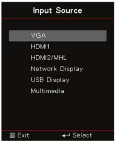 Input Source VGA HDMI1 HDMI2/MHL Network Display USB Display Multimedia Exit Select