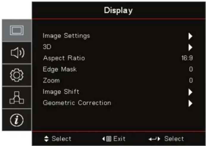 Display Image Settings 3D Aspect Ratio 16:9 Edge Mask 0 Zoom 0 Image Shift Geometric Correction Select Exit Select