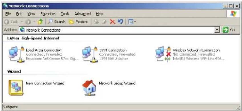 Network Connections File Edit View Favorites Tools Advanced Help Back Search Folders Address Network Connections Go LAN or High-Speed Internet Local Area Connection Connected, Firewallled Broadcom NetXtreme 570x Gig... 1394 Connection Connected, Firewallled 1394 Net Adapter Wireless Network Connection Not connected, Firewallled Intel(R) Wireless WiFi Link 496... Wizard New Connection Wizard Network Setup Wizard 5 objects