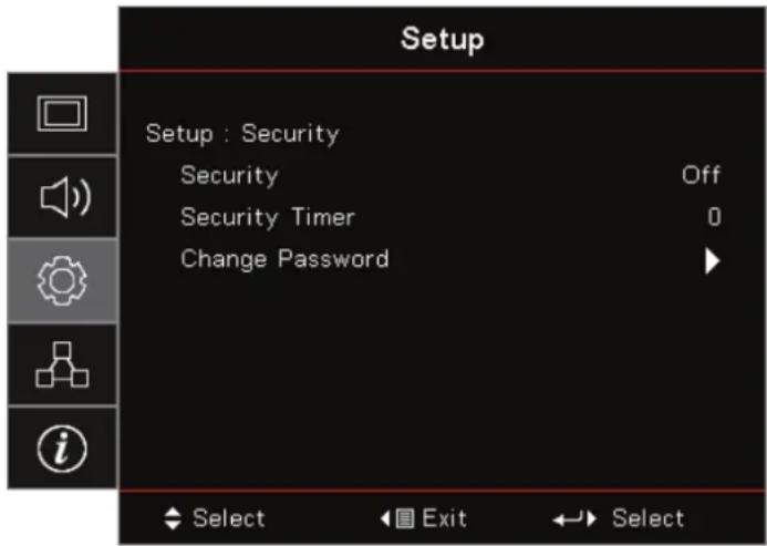 Setup Setup : Security Security Off Security Timer 0 Change Password Select Exit Select