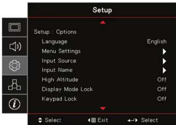 Setup Setup : Options Language English Menu Settings Input Source Input Name High Altitude Off Display Mode Lock Off Keypad Lock Off Select Exit Select