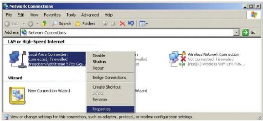 Network Connections File Edit View Favorites Tools Advanced Help Back Search Folders Address Network Connections LAN or High-Speed Internet Local Area Connection Connected, Firewalled Broadcom Netotreme 5.7xx Gig... Wizard New Connection Wizard Disable Status Repair Bridge Connections Create Shortcut Delete Rename Properties View or change settings for this connection, such as adapter, protocol, or modem configuration settings. Wireless Network Connection Not connected, Firewalled Intel(R) Wireless With Link 496...