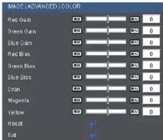 MADE | ADVANCED | COLOR Red Gain Green Gain Blue Gain Red Bias Green Bias Blue Bias Cyan Magenta Yellow Reset Exit