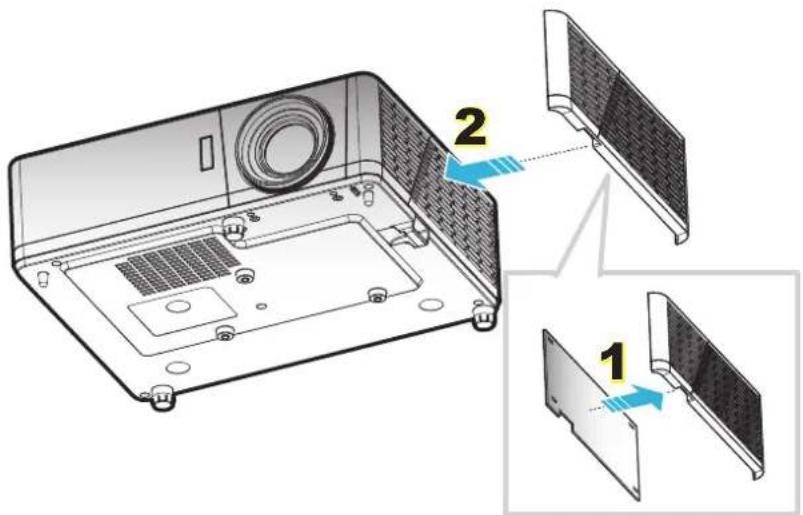 Diagram of a laptop interior showing labeled components and assembly steps, with numbered annotations 1 and 2.