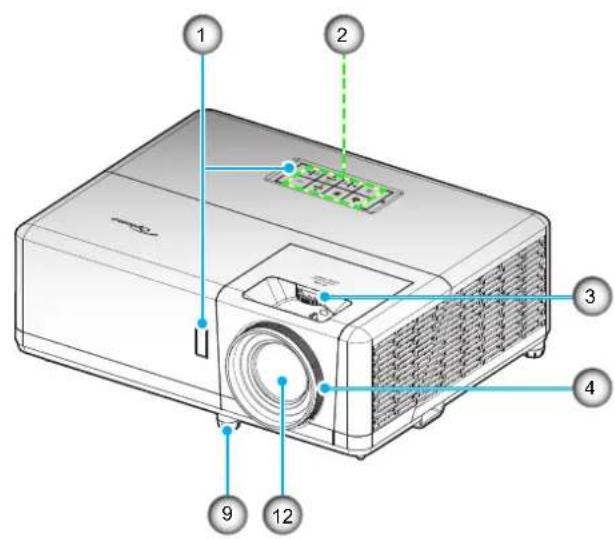 Diagram of a projector with numbered parts labeled 1 through 12, showing internal components and wiring.