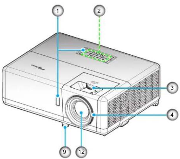 Diagram of a projector with numbered parts labeled 1 to 12 pointing to key components.
