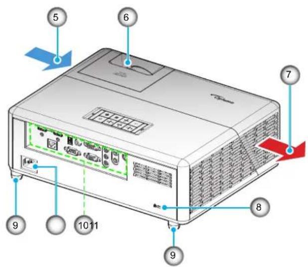 Diagram of a computer monitor with labeled ports and connectors, showing internal components and directional arrows.
