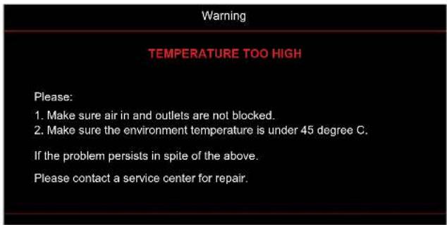 Warning TEMPERATURE TOO HIGH Please: 1. Make sure air in and outlets are not blocked. 2. Make sure the environment temperature is under 45 degree C. If the problem persists in spite of the above. Please contact a service center for repair.