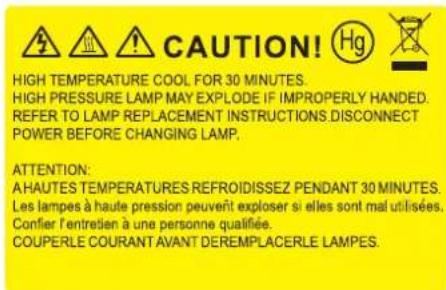 CAUTION! HIGH TEMPERATURE COOL FOR 30 MINUTES. HIGH PRESSURE LAMP MAY EXPLODE IF IMPROPERLY HANDED. REFER TO LAMP REPLACEMENT INSTRUCTIONS DISCONNECT POWER BEFORE CHANGING LAMP. ATTENTION: AHAUTES TEMPERATURES REFROIDISSEZ PENDANT 30 MINUTES. Les lampes à haute pression peuvent exploser si elles sont mal utilisées. Confier l'entretien à une personne qualifiée. COUPERLE COURANT AVANT DEREMPLACERLE LAMPES.