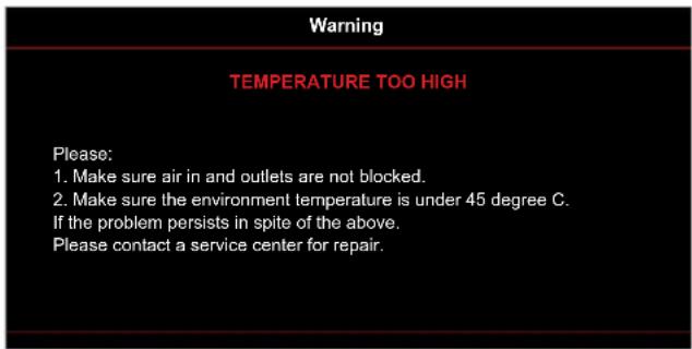 Warning TEMPERATURE TOO HIGH Please: 1. Make sure air in and outlets are not blocked. 2. Make sure the environment temperature is under 45 degree C. If the problem persists in spite of the above. Please contact a service center for repair.