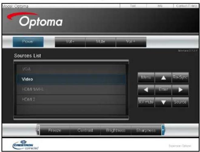 Model Optoma Optoma Power Vol- Mute Vol+ Sources List VGA Video HDMI 1/MHE HDMI 2 Menu Re-Sync Enter AV mute Source Freeze Contrast Brightness Sharpness CRESTRON Connected Expansion Options