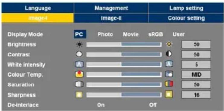 Language Image-I Management Image-II Lamp setting Colour setting Display Mode PC Photo Movie sRGB User Brightness 50 Contrast 50 White intensity 5 Colour Temp. MID Saturation 50 Sharpness 16 De-Interface On Off