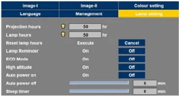 Image-I Language Image-II Management Colour setting Lamp setting Projection hours 50 hr Lamp hours 50 hr Reset lamp hours Execute Cancel Lamp Reminder On Off ECO Mode On Off High altitude On Off Auto power on On Off Auto power off 0 min Sleep timer 0 min