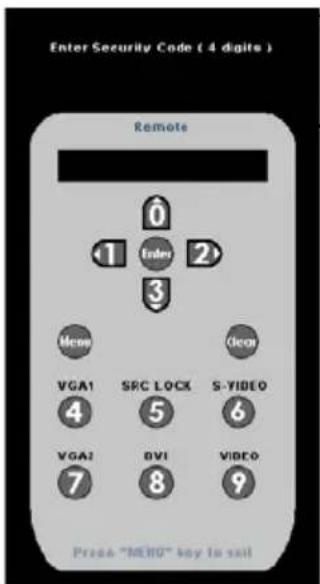 Enter Security Code ( 4 digits ) Remote 0 1 Enter 2 3 Micro Micro VGA1 SRC LOCK S-YIDEO 4 5 6 VGA2 BVI VIDEO 7 8 9 Press "MEMO" key to sell