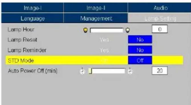Image-I Language Image-I Audio Management Lamp Setting Lamp Hour 0 Lamp Reset Yes No Lamp Reminder Yes No STD Mode Off Auto Power Off (min) 20