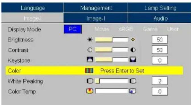 Language Image-I Management Audio Display Mode PC Movie sRGB Game User Brightness 50 Contrast 50 Keystone 0 Color Press Enter to Set White Peaking 2 Color Temp 0