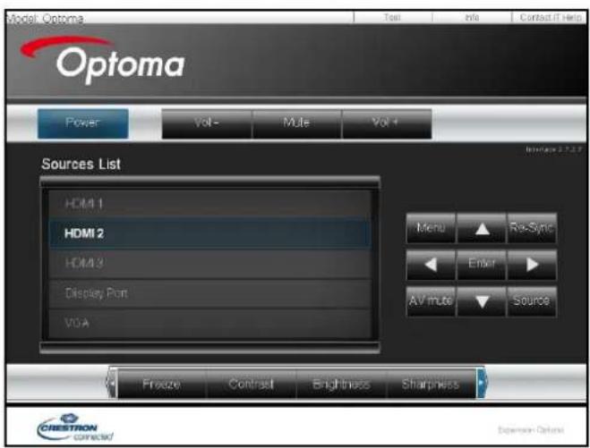 Model Optoma Optoma Power Vol- Mute Vol+ Sources List HDMI 1 HDMI 2 HDMI 3 Display Port VGA Menu Re-Sync Enter AV mute Source Freeze Contrast Brightness Sharpness CRESTRON Connected Expansion Options