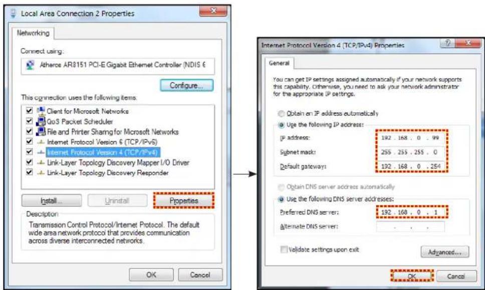 Local Area Connection 2 Properties Networking Connect using: Atheroc AR3151 PCI-E Gigabit Ethernet Controller (NDIS €) Configure... This connection uses the following items. Client for Microsoft Networks GoS Packet Scheduler File and Printer Sharing for Microsoft Networks Internet Protocol Version 6 (TCP/IPvS) Internet Protocol Version 4 (TCP/IPv4) Link-Layer Topology Discovery Mapper I/O Driver Link-Layer Topology Discovery Responder Install... Uninstall Properties Description Transmission Control Protocol/Internet Protocol. The default wide area network protocol that provides communication across diverse interconnected networks. Internet Protocol Version 4 (TCP/IPv4) Properties General You can get IP settings assigned automatically if your network supports this capability. Otherwise, you need to ask your network administrator for the appropriate IP settings. Obtain an IP address automatically Use the following IP address: IP address: 192 . 168 . 0 . 99 Subnet mask: 255 . 255 . 255 . 0 Default gateways: 192 . 168 . 0 . 254 Obtain DNS server address automatically Use the following DNS server addresses: Preferred DNS server: 192 . 168 . 0 . 1 Alternate DNS server: . Validate settings upon exit Advanced... OK Cancel OK Cancel
