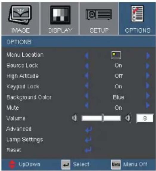 IMAGE DISPLAY SETUP OPTIONS Menu Location Source Lock High Altitude Keypad Lock Background Color Mute Volume Advanced Lamp Settings Reset UpDown Select Menu Off