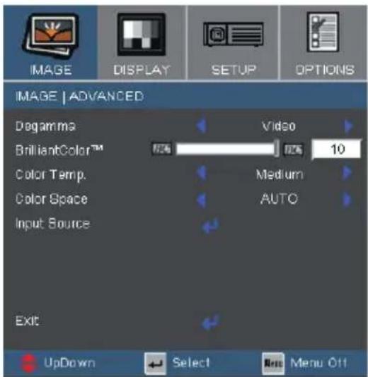 IMAGE | ADVANCED Dgamma BrilliantColor™ Color Temp. Color Space Input Source Video 10 Medium AUTO Exit UpDown Select Menu Off