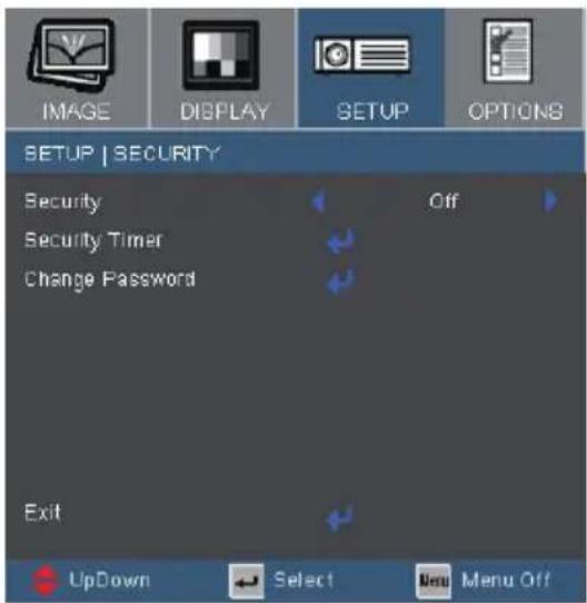 IMAGE DISPLAY SETUP OPTIONS SETUP | SECURITY Security Off Security Timer Change Password Exit UpDown Select Menu Off