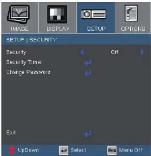 IMAGE DISPLAY SETUP OPTIONS SETUP | SECURITY Security Off Security Timer Change Password Exit UpDown Select Menu Off