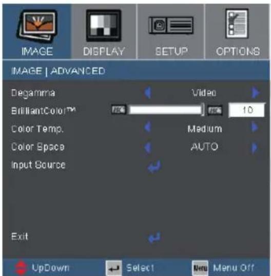 IMAGE | ADVANCED Degamma BrilliantColor™ Color Temp. Color Space Input Source Video 10 Medium AUTO Exit UpDown Select Menu Menu Off