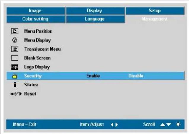 Image Color setting Display Language Setup Management Menu Position Menu Display Translucent Menu Blank Screen Logo Display Security Enable Disable Status Reset Menu = Exit Item Adjust Scroll