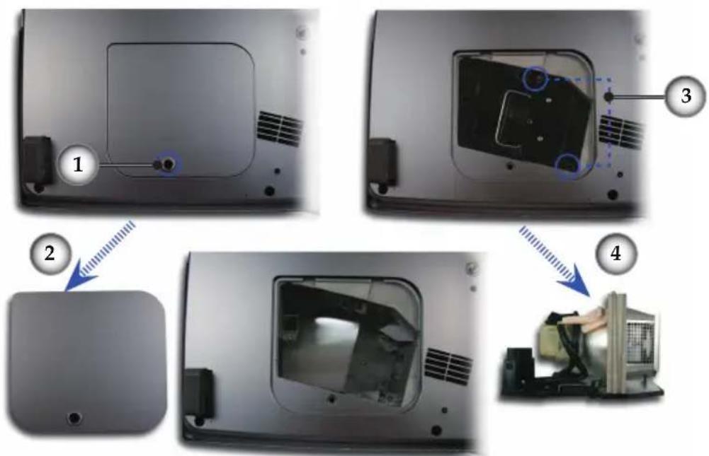 Diagram showing four steps of a device interior with labeled components and a close-up view of the internal structure.